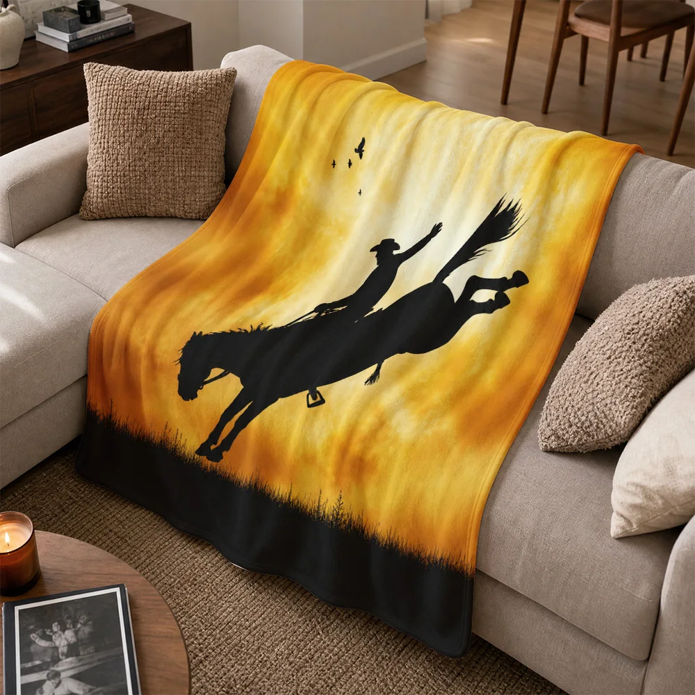 Rustic Western Throw Blanket Cowboy Silhouette Horseback Riding Sunset Fleece Sofa Throw for Boho Home Decor Gift