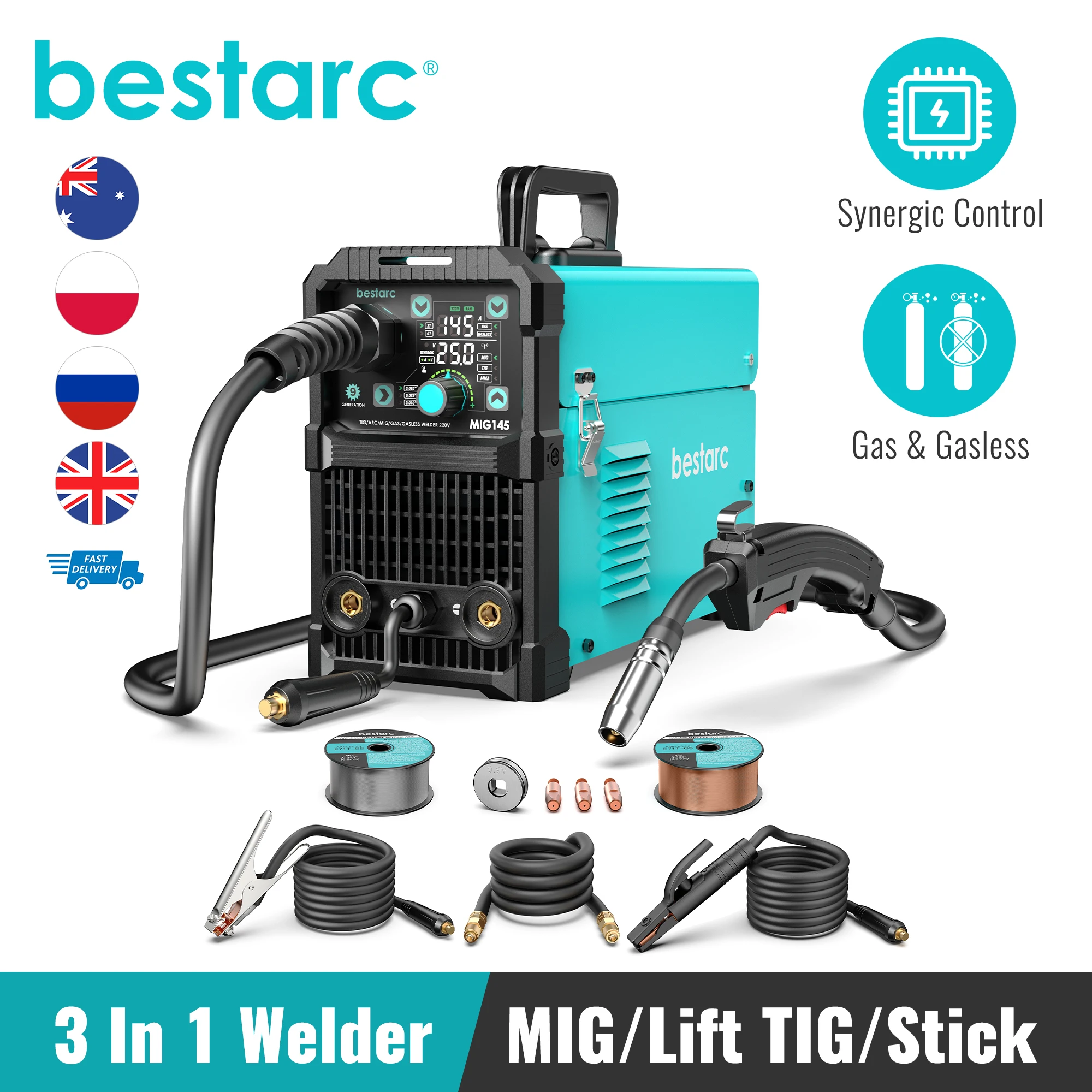 bestarc MIG Welder, MIG145 145Amps Gas MIG/Gasless MIG/Lift TIG/Stick 3 in 1 MIG with Digital Screen Display, 220V Single Phase