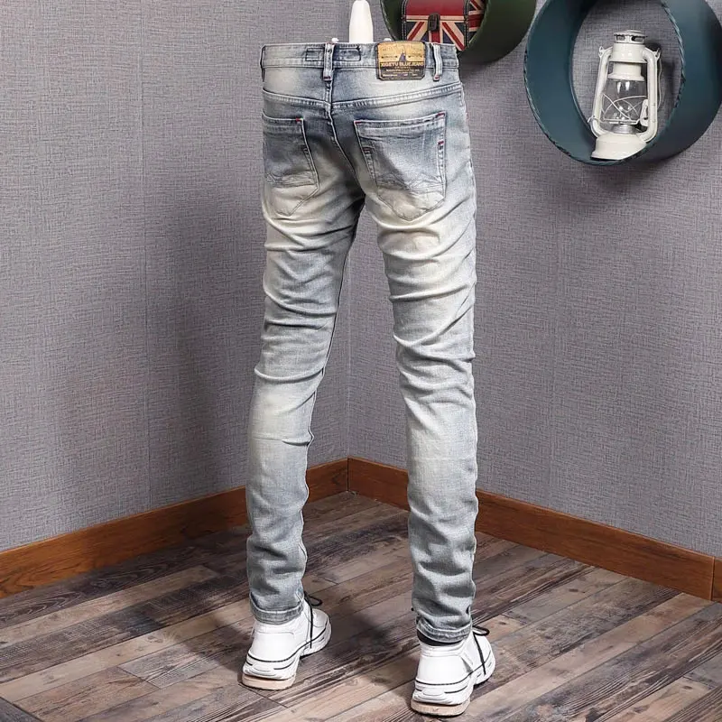 Fashion Designer Men Jeans High Quality Retro Light Blue Plain Washed Slim Fit Ripped Jeans Men Patched Vintage Denim Pants