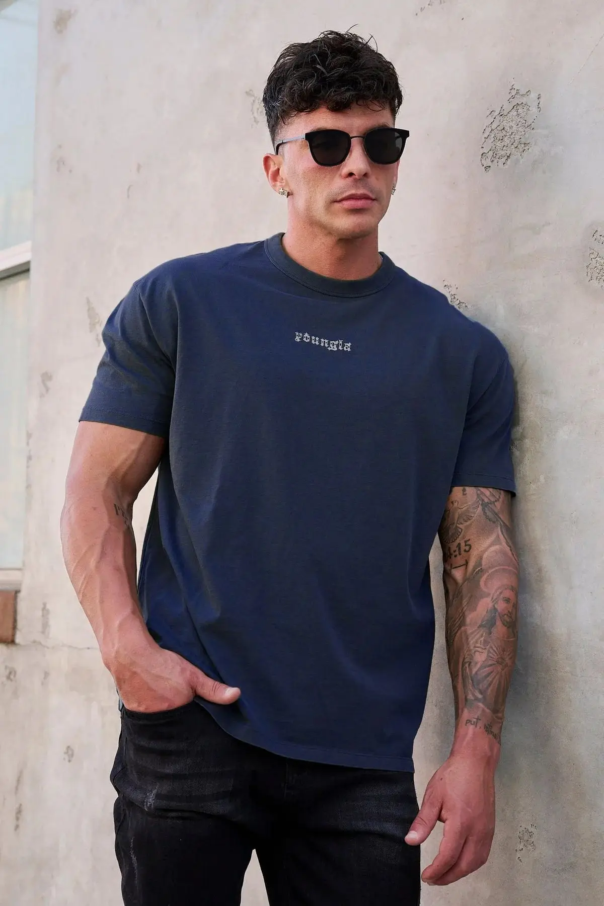 Men\'s oversized t-shirt muscle sports fitness cotton crew neck short sleeve gym running basketball training wear casual top