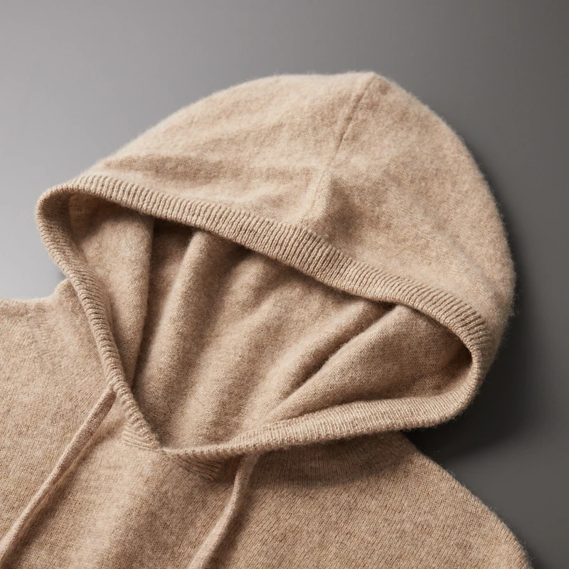 2024 Herfst Winter Nieuwe Kasjmier Trui Heren 100% Wollen Kraag Met Capuchon Gebreide Trui Koreaanse Mode Casual Lange Mouwen Hoodie