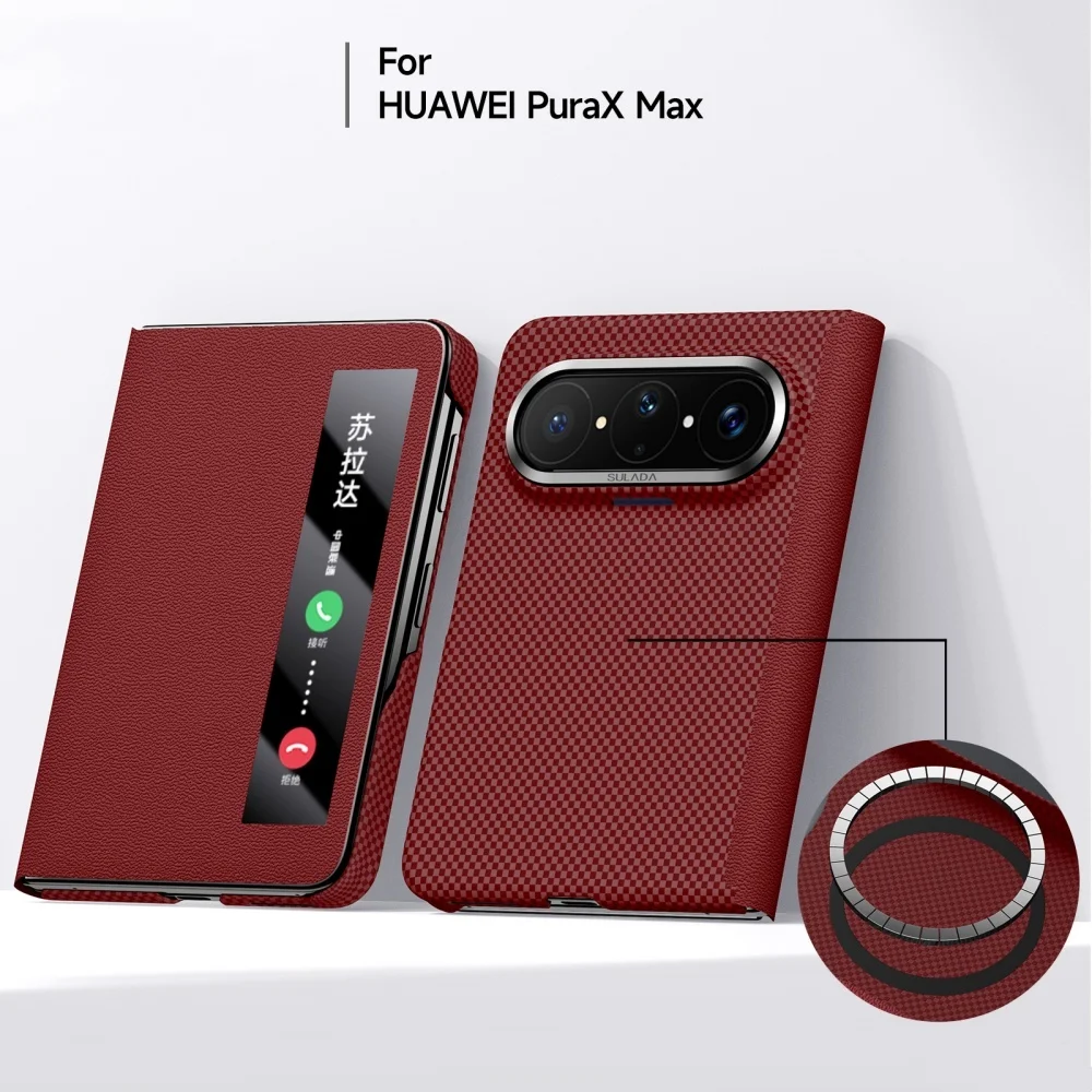 Luxury Carbon Fiber Pattern Leather Flip Case For Huawei Pura X Max Window View Cover