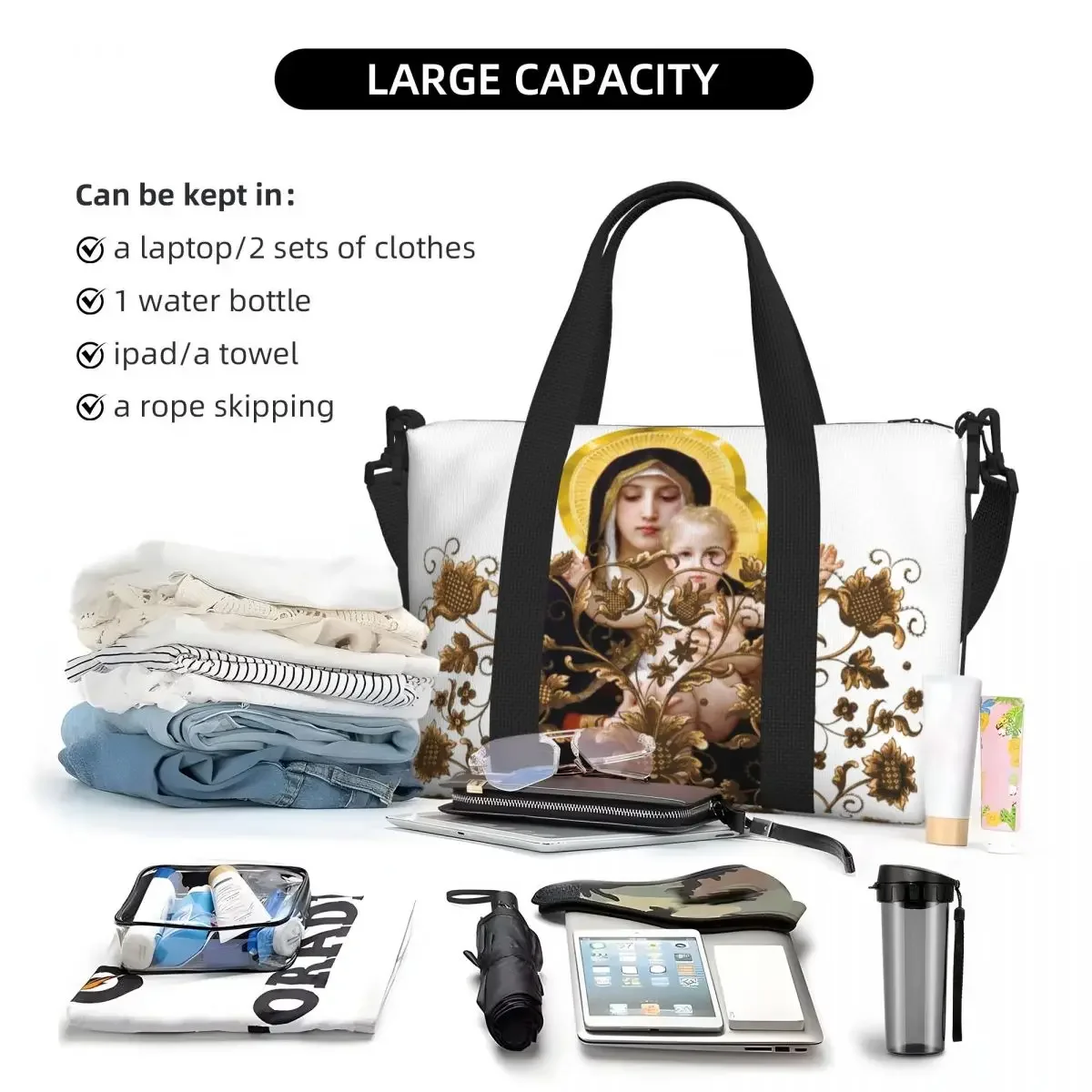 مخصص مريم العذراء البقالة التسوق حمل حقيبة المرأة سعة كبيرة سانت الكاثوليكية المسيحية شاطئ رياضة حقائب السفر