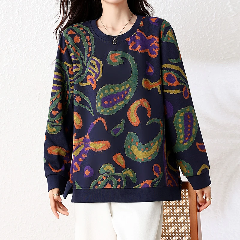 L-XXXL sudadera para mujer primavera otoño Tie-dyed estampado manga larga cuello redondo Top suelto Casual jerseys jersey azul oscuro