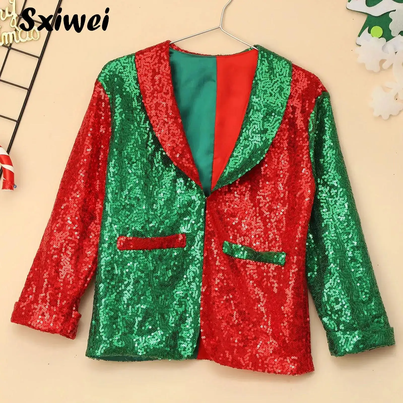 

Boys Girls Sparkle Sequin Christmas Jacket Coat Waistcoat for Hip-hop Jazz Disco Dance Tops Rave Party Stage Performance Costume