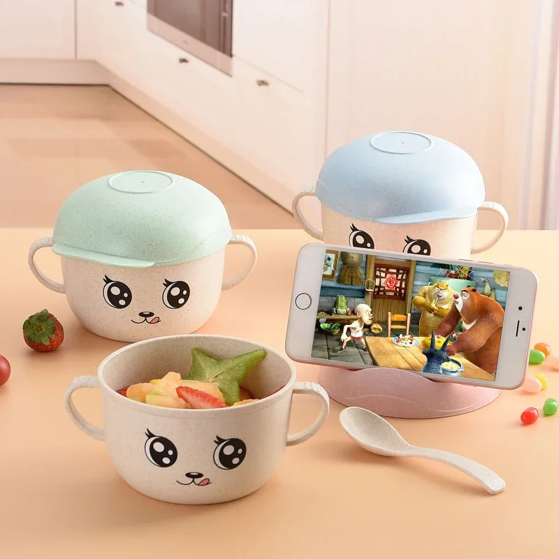 2Pcs/Set Baby Feeding Food Tableware Wheat Cartoon Kids Dishes Children Eating Dinnerware Set Anti-hot Plate Training Bowl+spoon