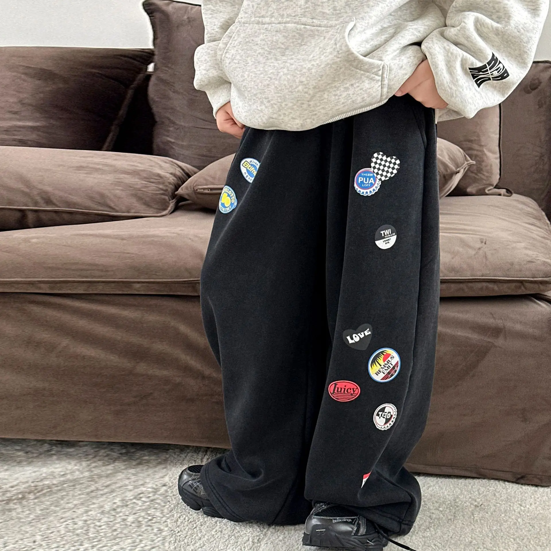 Boys' Plush Pants, American Jeans Autumn and Winter New Trend Brand Straight Tube Loose Fitting Children's Thick Pants