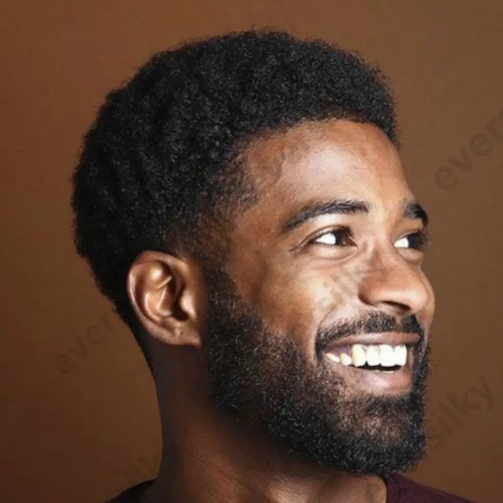 Afro-Toupet für Männer, Haarersatz aus dünnem PU-Material, 4MM krauses gelocktes Echthaar, natürliche Haareinheit, Haarteil – Detail 2