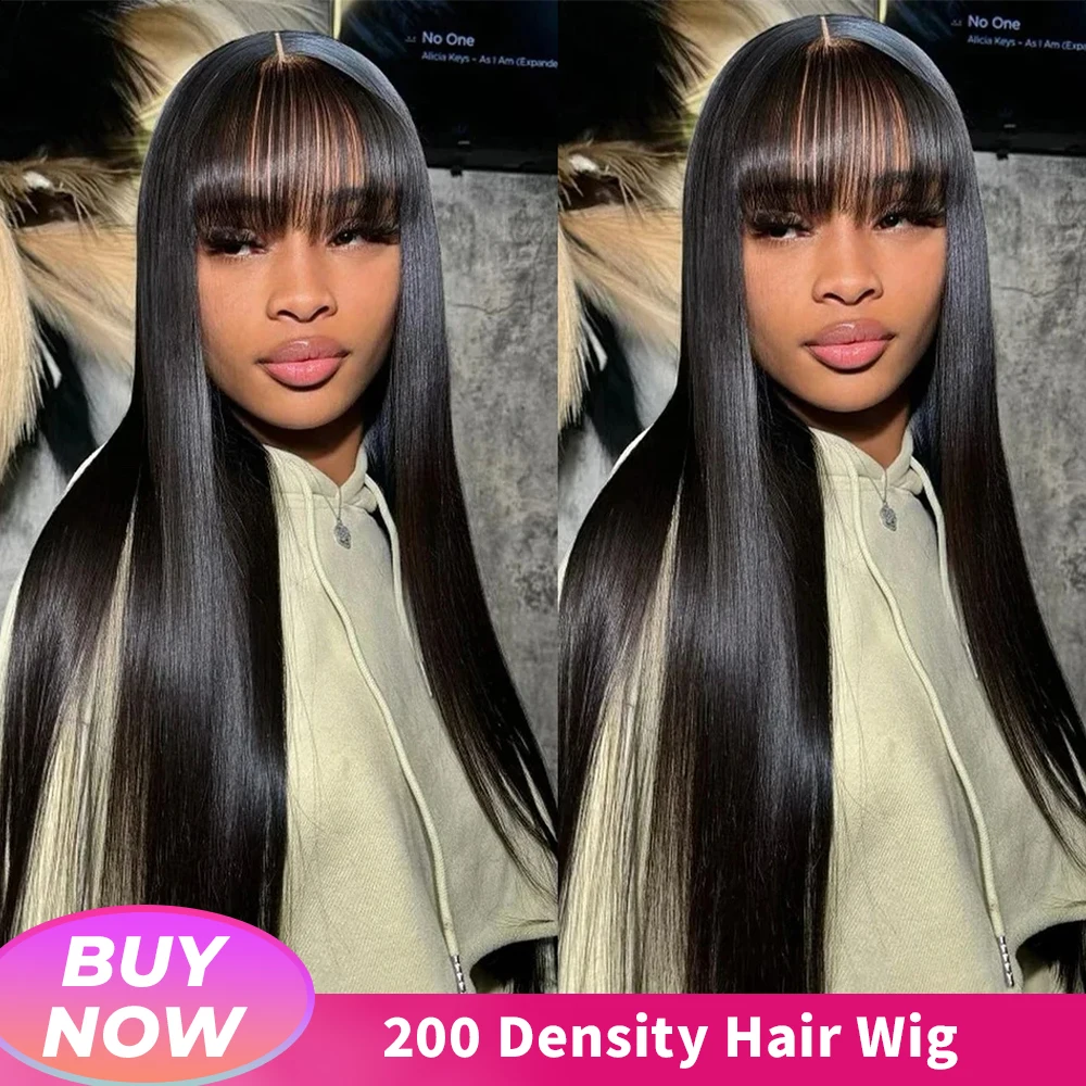 

30 inch Human Hair Wigs with Bangs Full Machine Made Scalp Top Wig 200% Density Brazilian Straight Remy Hair Fringe Bangs Wig