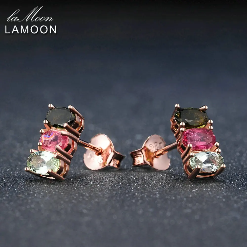 LAMOON Classic 100% Natural Multi-Color Oval Tourmaline 925 Sterling Silver Jewelry  S925 stud Earrings LMEI035