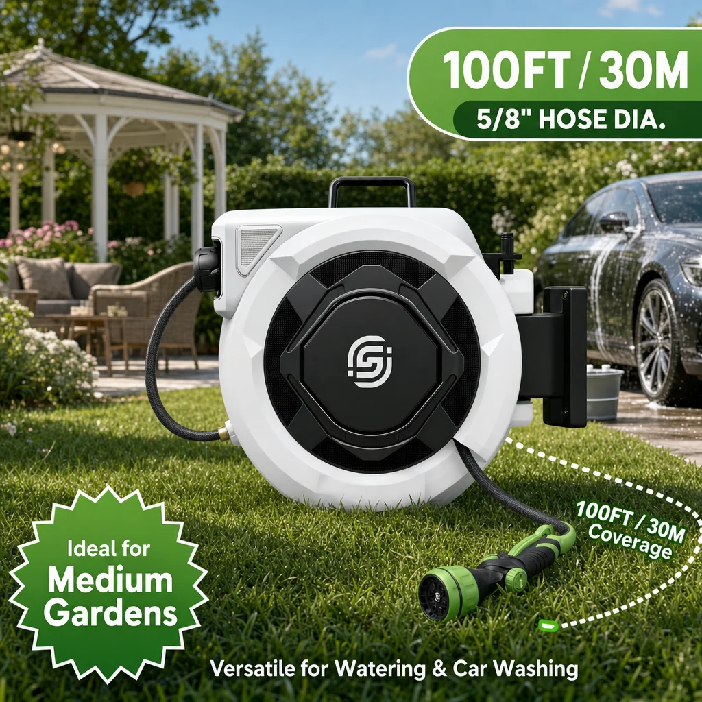 SUNPOW Retractable Garden Hose Reel,5/8in×100FT Wall‑Mount Heavy‑Duty Reel,Any Length Lock,Pulley Guide Rail System,Leak‑Proof 3/4in Brass Fitting,10‑Function Spray Nozzle,180° Swivel Bracket,Auto Rewind for Garden Watering Car Washing Patio Cleaning,Gray