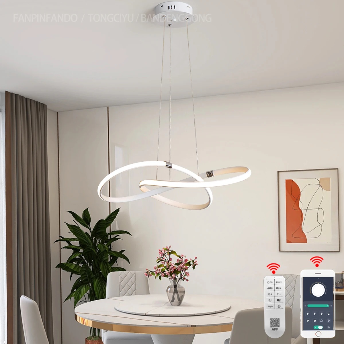 

Modern Pendant Light,Led Chandelier For Dining Room,White/Black Dining Table Hanging Ceiling Lamp D54cm lustre APP W/Remote cont