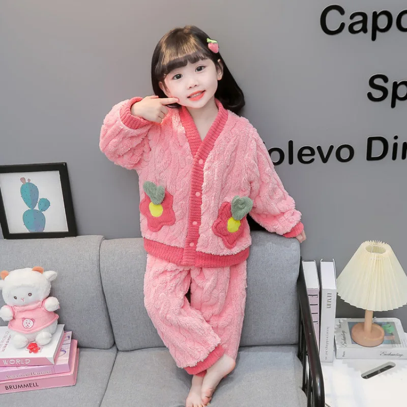 بلايز السراويل الفانيلا منامة الصوف المرجاني المضافة الصوف الدفء الأطفال الخريف الشتاء الكرتون الحلو لطيف المتسكعون مجموعة #1