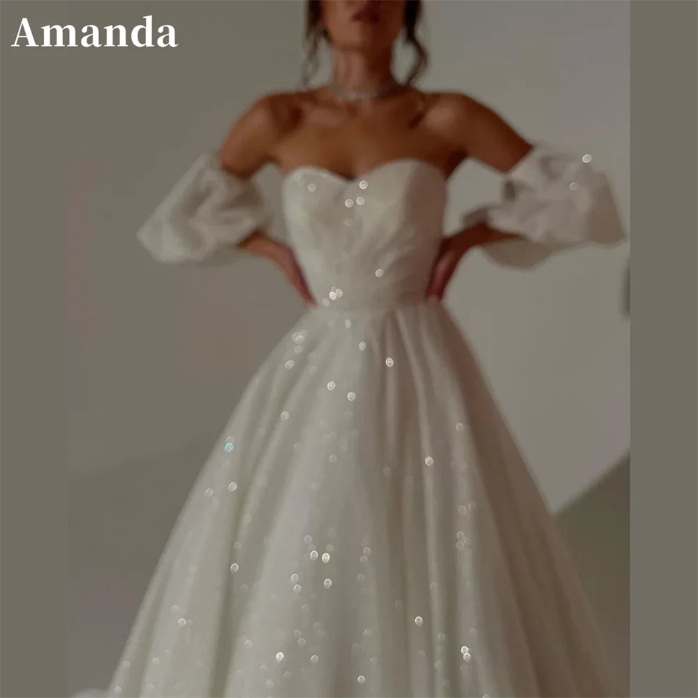 Amanda-vestido de noche de lentejuelas brillantes con hombros descubiertos, vestido de fiesta con purpurina, escote Corazón, manga hinchada, línea A, tren ancho