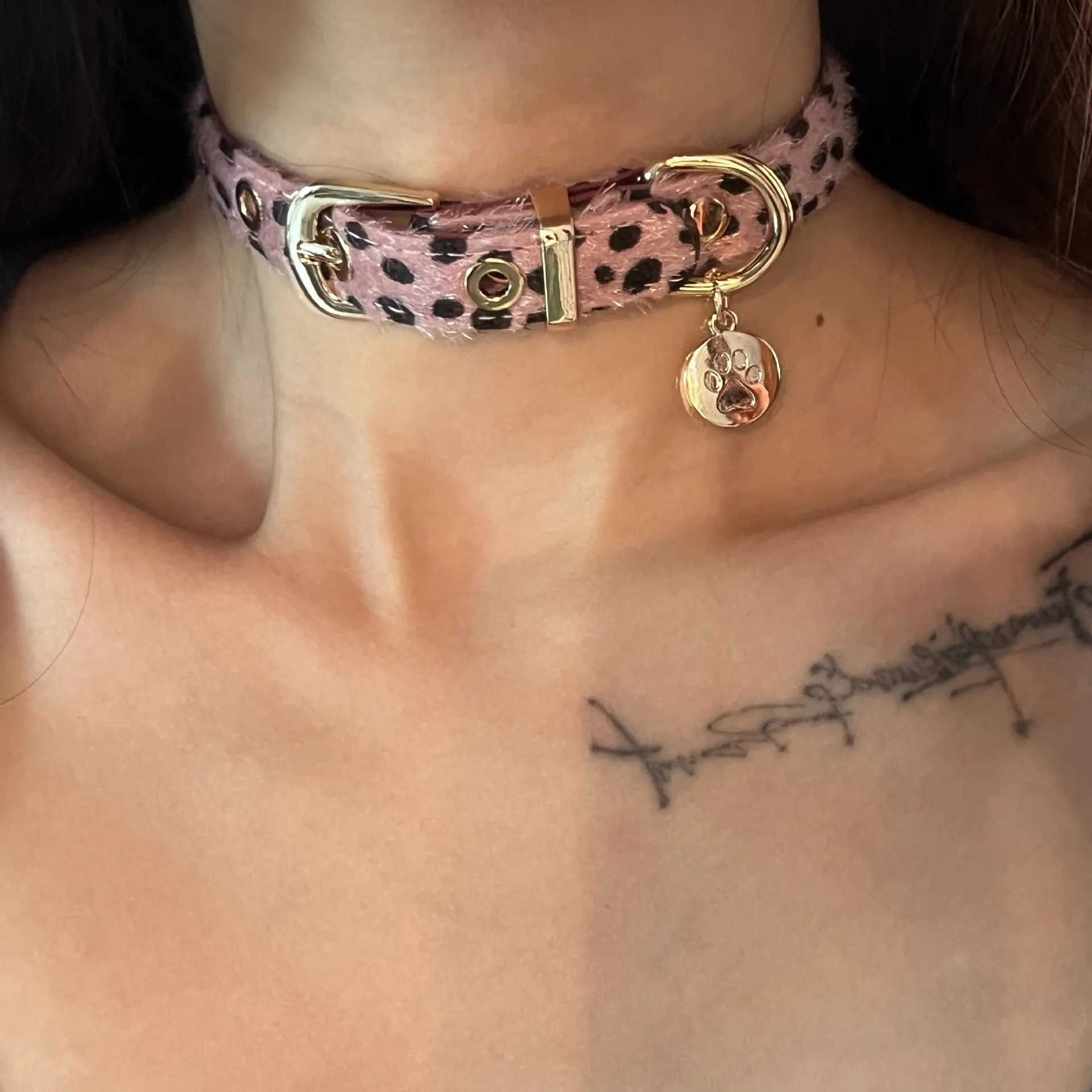 

Y2K Sweet Cool Hot Girl Unique Leopard Punk Puppy Footprint Tag Choker, Horse Hair & Leather Neckband, Fashion Trendy Jewelry