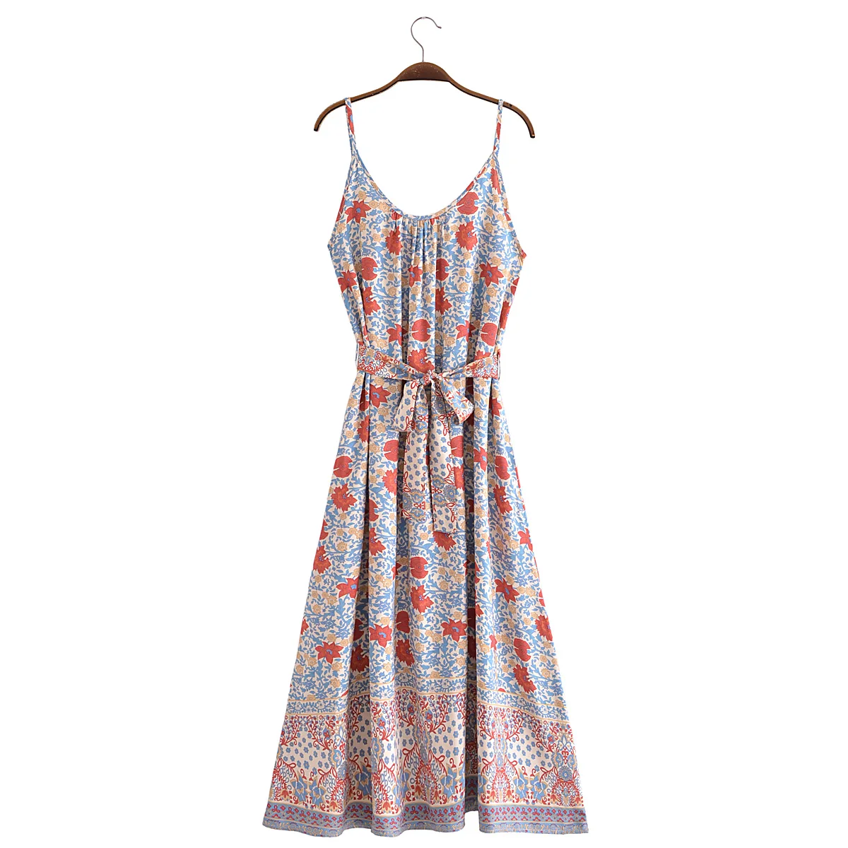 Robe Longue à Imprimé Floral pour Femme, Col en V, Style Ethnique, Ceinture à Nministériels d, Dos Bas, Midi, Plage, Vacances, Été, 2023