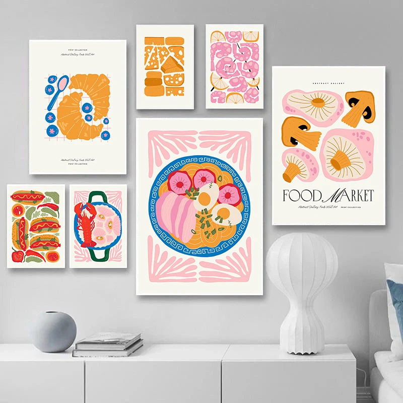 Minimalism Foods Posters Delicious Oyster Pink Ramen Bowl Shrimp Hot Dog Prints Canvas Painting Wall Pictures Home Kitchen Decor