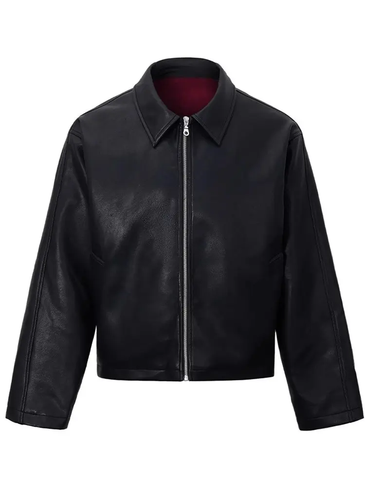 جاكيت رجالي قصير من الجلد الصناعي الأسود ذو ملمس خشن، تصميم واسع ونظيف، بطانة داخلية حمراء، أزياء شبابية مقاومة للرياح، إنتاج... #3