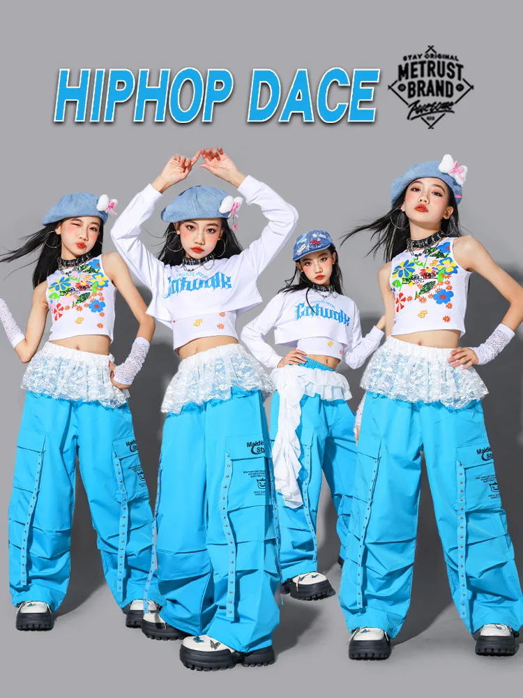 Girls Kpop Jazz Dance Clothes Long Sleeves Navel Suit Blue Cargo Pants Hip Hop Street Dance Group Performance Costume