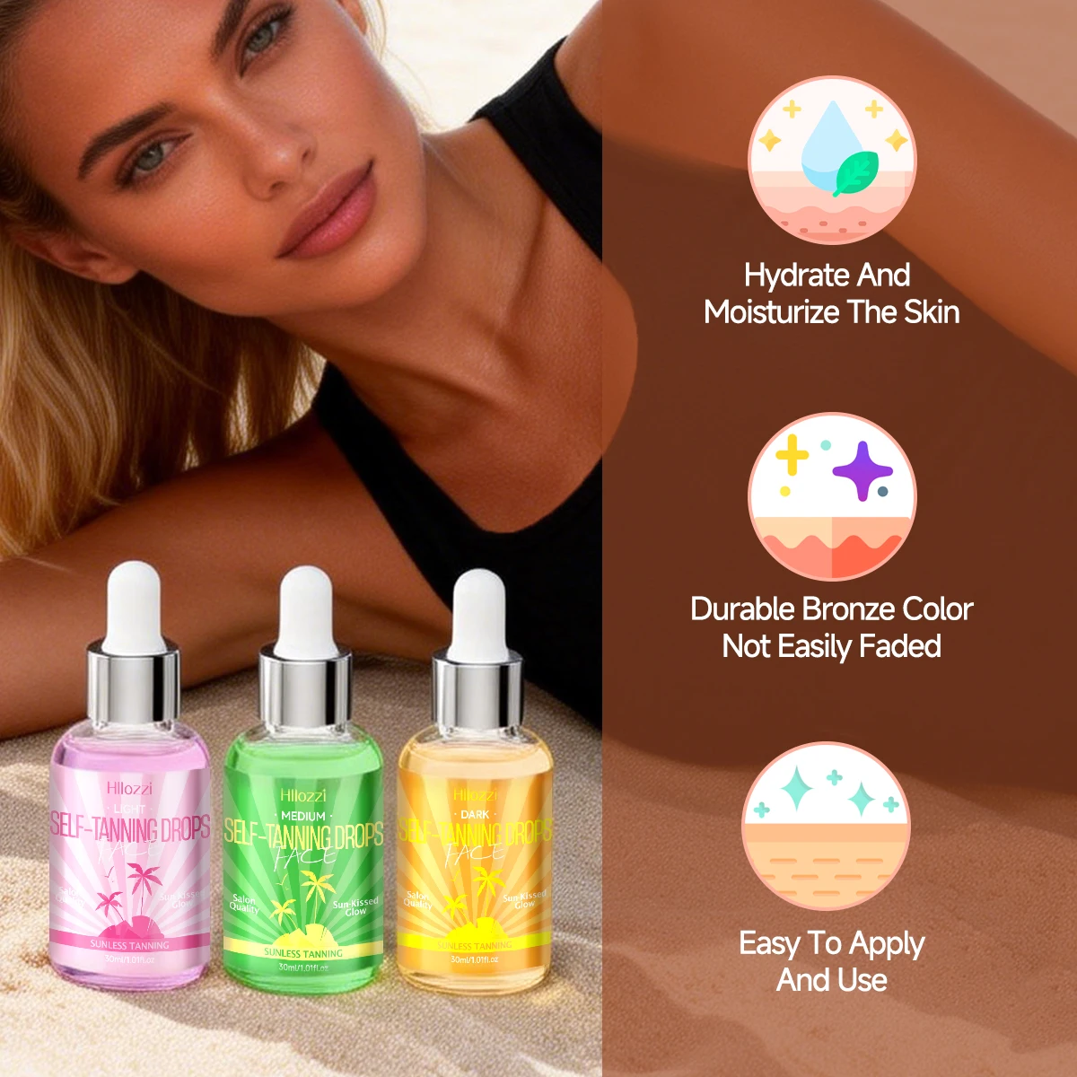 FACE SELF-TANNING DROPS, moisturize the skin, skin care, long-lasting bronze color, suitable for all skin tones