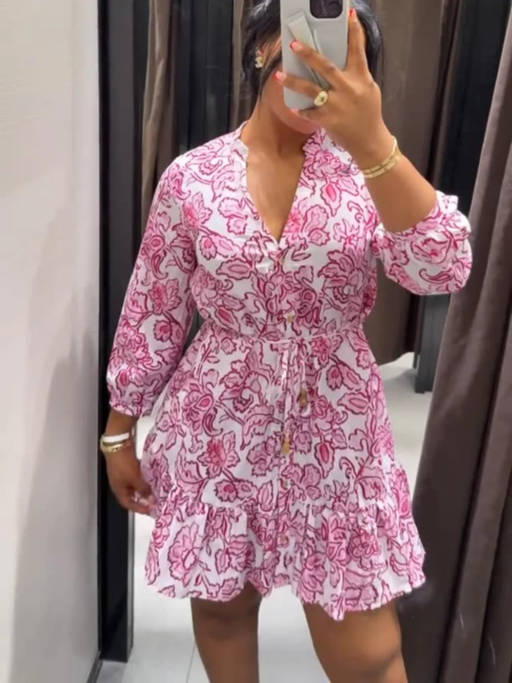 

Vintage Casual Chic Women Dress Floral Print V-Neck Long Sleeve Mini Dress New Fashion 2025 Spring Summer Holiday Dress