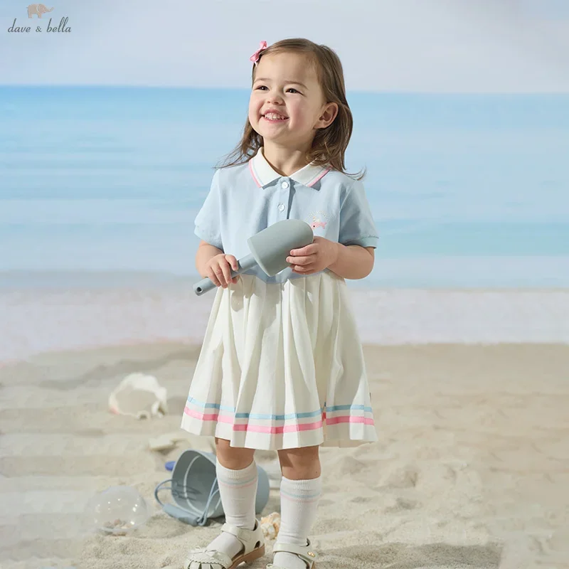 Dave Bella Girls' New College Style Polo Dress Gentle Sweet Cute Casual Party Outdoor Summer Children's Pleated Skirt DB2251386