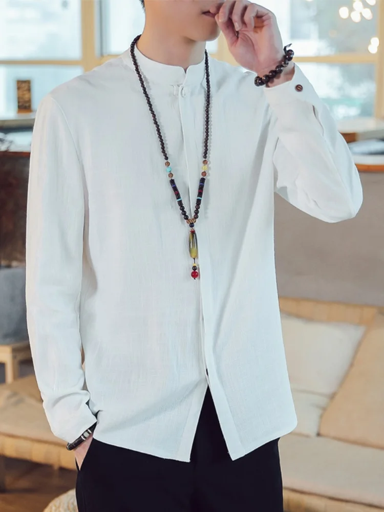 

New Chinese Style Men's Casual Long Sleeve Linen Shirt Jacket Cotton Linen Tang Costume Top Loose Fit Button up Spring Autumn...