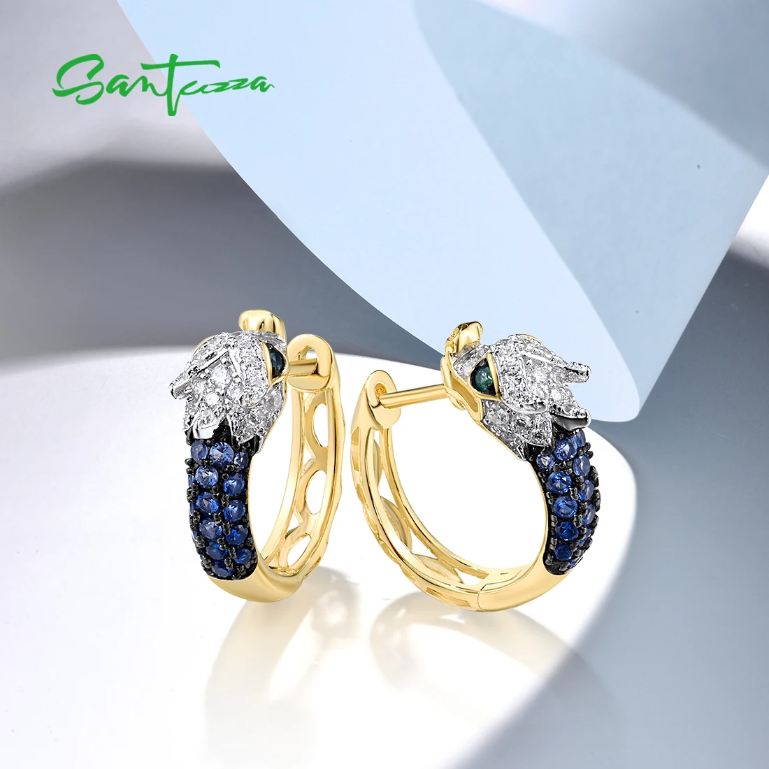 SANTUZZA Pure 925 Sterling Silver Hoop Earrings For Women Sparkling Blue Green Stone White CZ Dragon Party Lovely Fine Jewelry