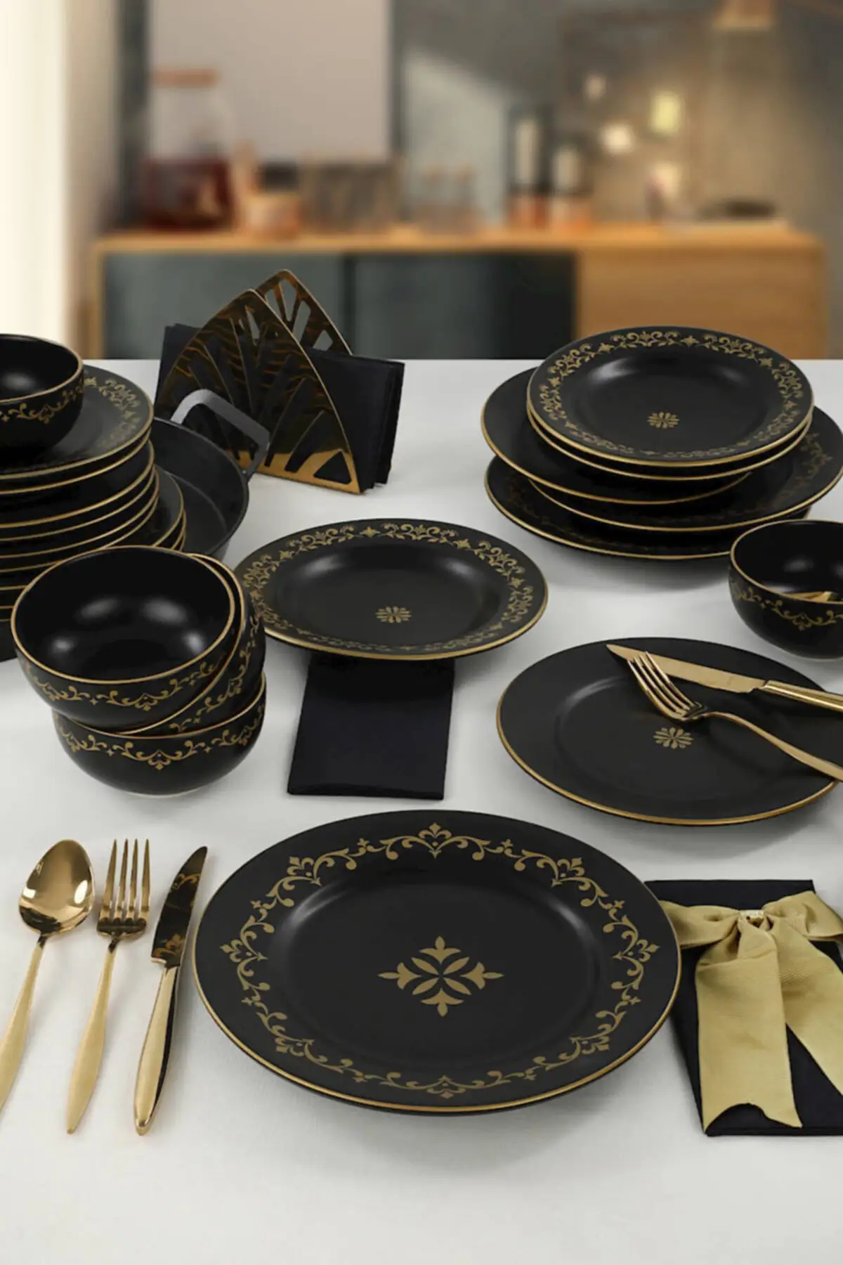 Matt Black Gold Dinner set 24 Piece 6 Personality