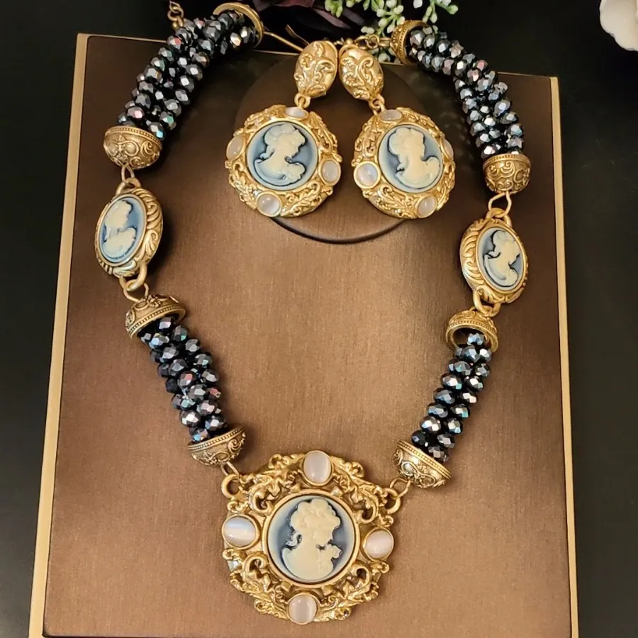 

Vintage Handmade Engraved Cat Eye Stone Jewelry Set,Gold Plated Necklace & Earrings, Boho Chic Gift for Women