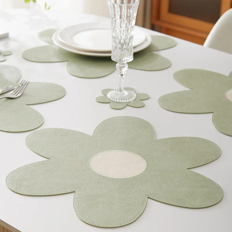 4 قطعة 2026 الربيع PVC تحديد الموقع خمر جلد البقر الملمس 6-Petal زهرة زيت مقاوم للماء مقاومة للحرارة عدم الانزلاق سهلة التنظيف #5