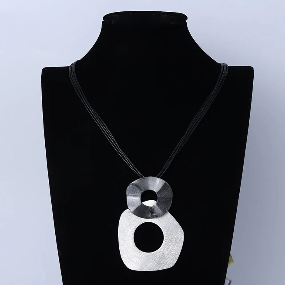 Vintage Multi-strand Black Leather Necklace Geometric Alloy Brushed Metal Pendant Necklace Long Sweater Chains for Women