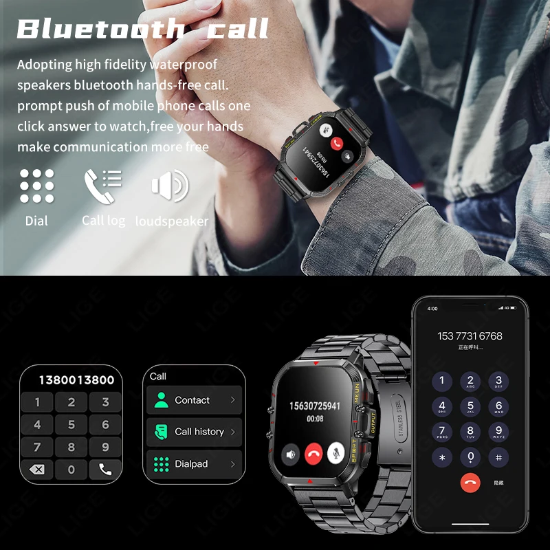 LIGE Man Smart Watch Dual Mode Outdoor Sport Bracelet 5.2 Bluetooth Call Music Connect Waterproof For Android IOS Smartwatch+BOX