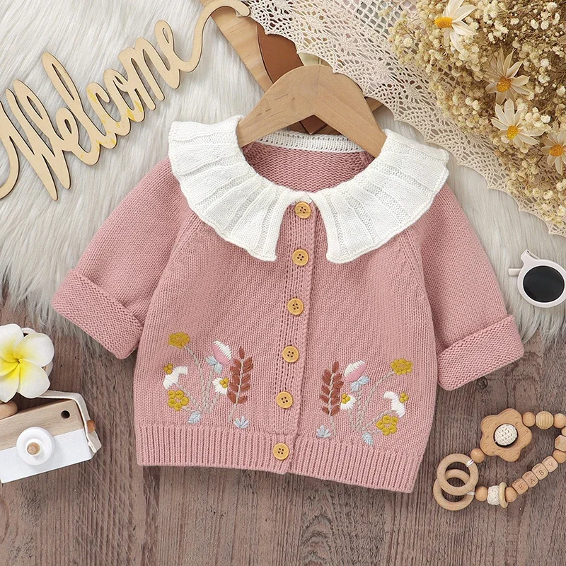 

Autumn Baby Sweater Knit Infant Girl Cardigan Long Sleeve Warm Newborn Kid Clothes Fashion Cute Embroidery Plants Tops Outerwear
