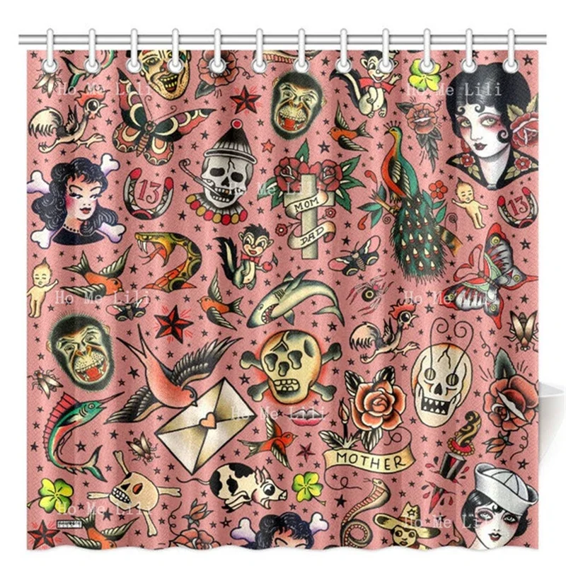 Old School Tattoo Waterproof Shower Curtain Vintage Skull Girls Geisha Flash Novelty Bathroom Decor With Hooks