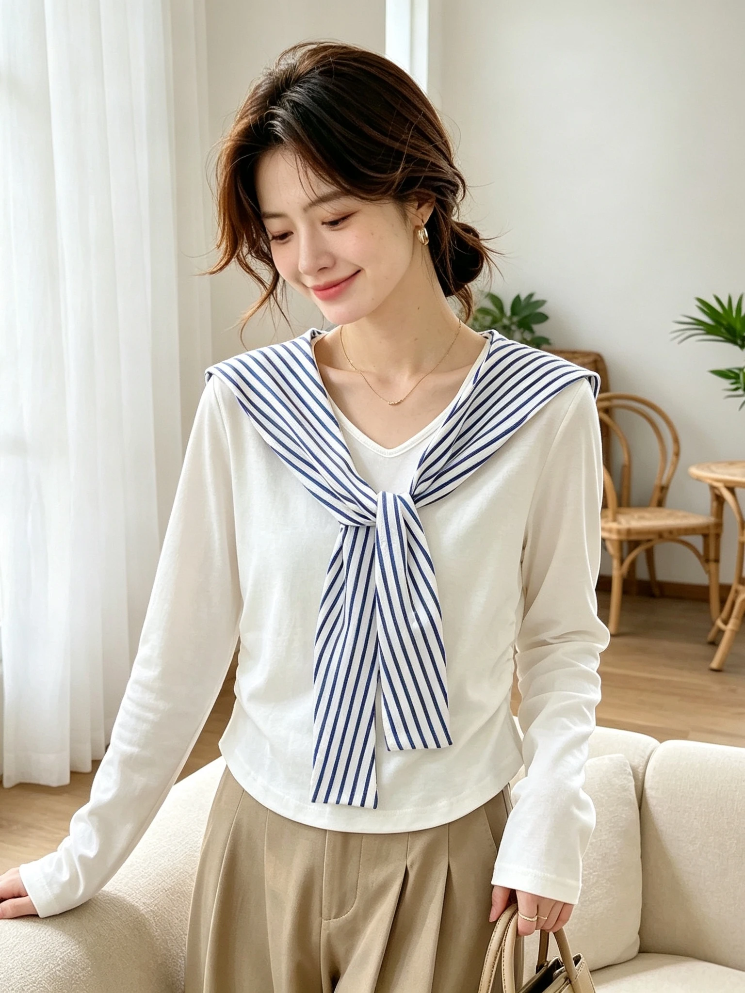 Korean Style Striped Shoulder Wrap Long Sleeve Women's T-Shirt Slim Fit Commute Top Fashion Design False Two-Piece Cotton Blend