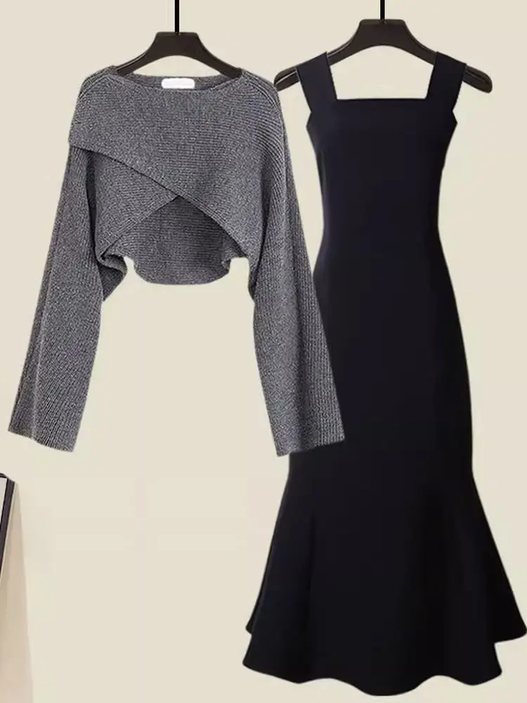 Early Autumn New Arrival High-End Feel Complete Crossed Sweater Cardigan Strap Dress Two-Piece Set Women's Fashion Ensemble