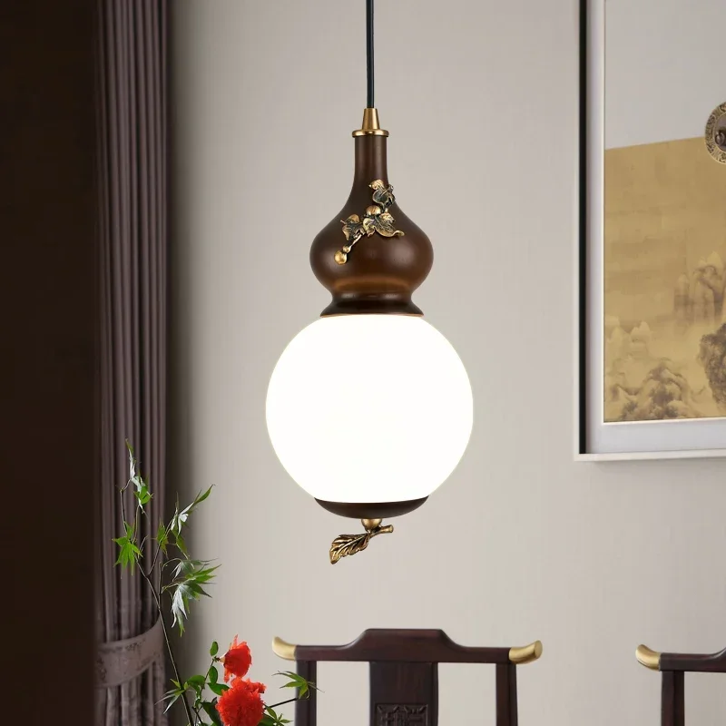 Modern Chinese Style Gourd Solid Wood Three-Headed Dining Table Light Long Pendant Lighting for Staircase And Dining Room