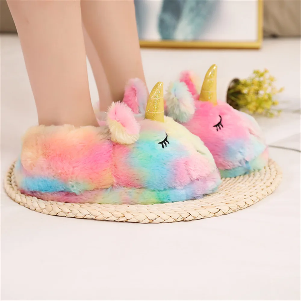 Women\'s Kawaii Rainbow Unicorn Slippers Winter Lovely Cute Slip On Plush Comfortable Home Shoes Cotton Slippers