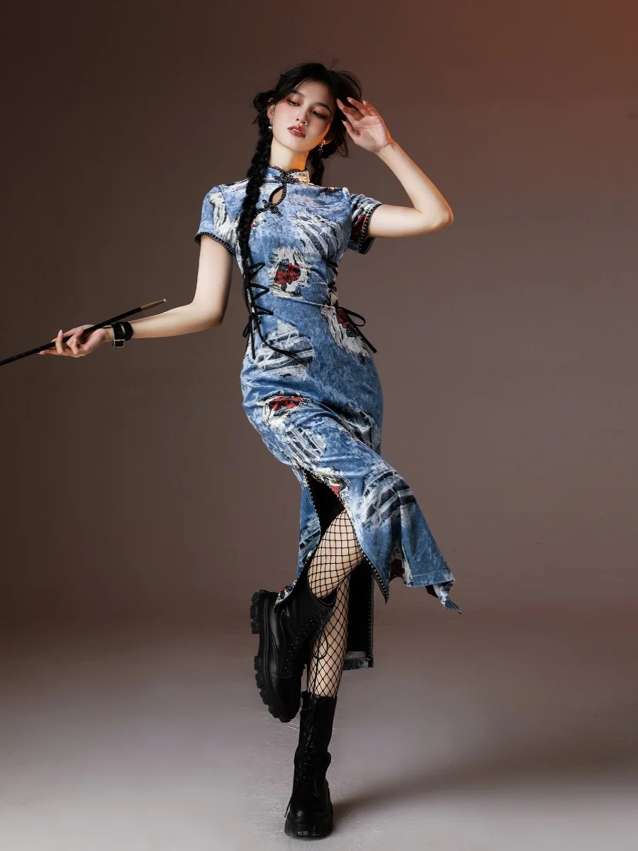 Jupe longue Qipao en velours imprimé denim, élégante, à fente haute, pour femme, confortable, style vintage hippie, pour le quotidien