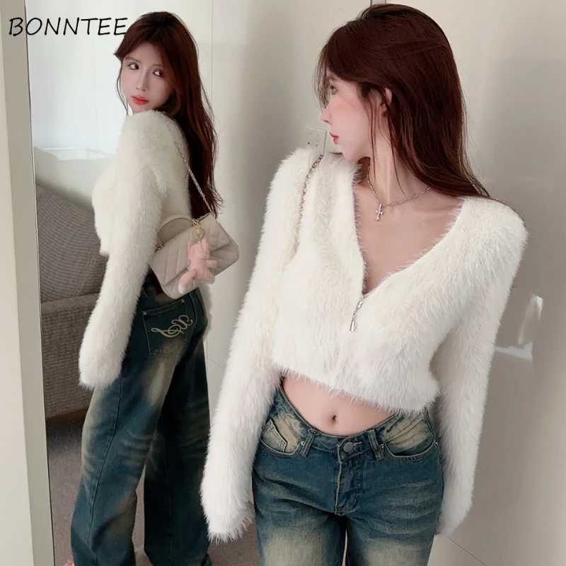 V-neck Cardigan Women Zipper-up Fluffy Solid Color Ladies Slim Long Sleeve Knitted Crop Tops Autumn Sexy Streetwear All-match