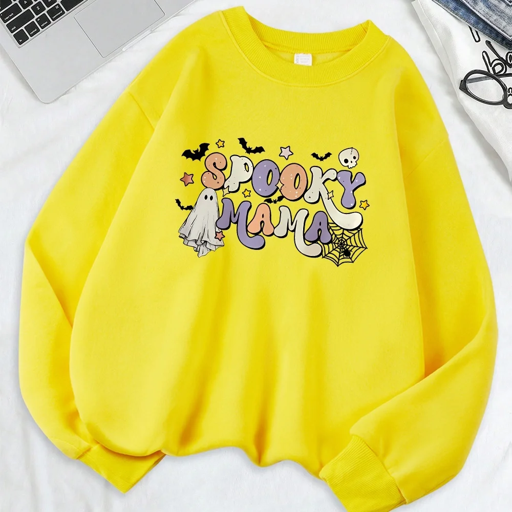 

Halloween Spooky Mama Printing Sweatshirts Womens Fleece Warm Loose Hoodies Crewneck Basics Tops Winter Casual Woman Clothes