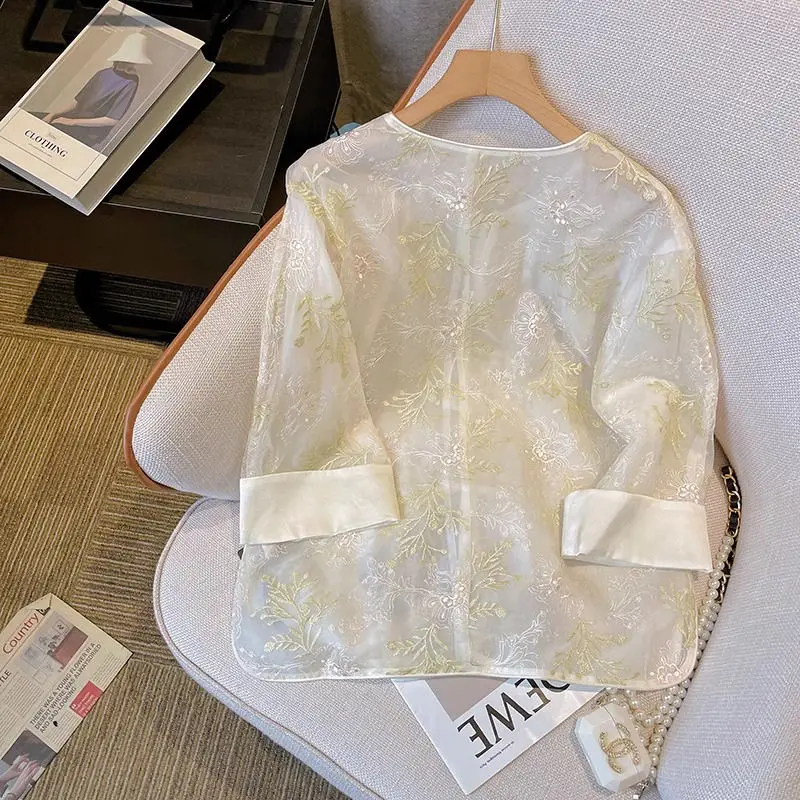 Women's Clothing New Chinese Summer Tang Suit Heavy Work Embroidery Shirt Guo Feng Thin Section Seven-minute Sleeve Top