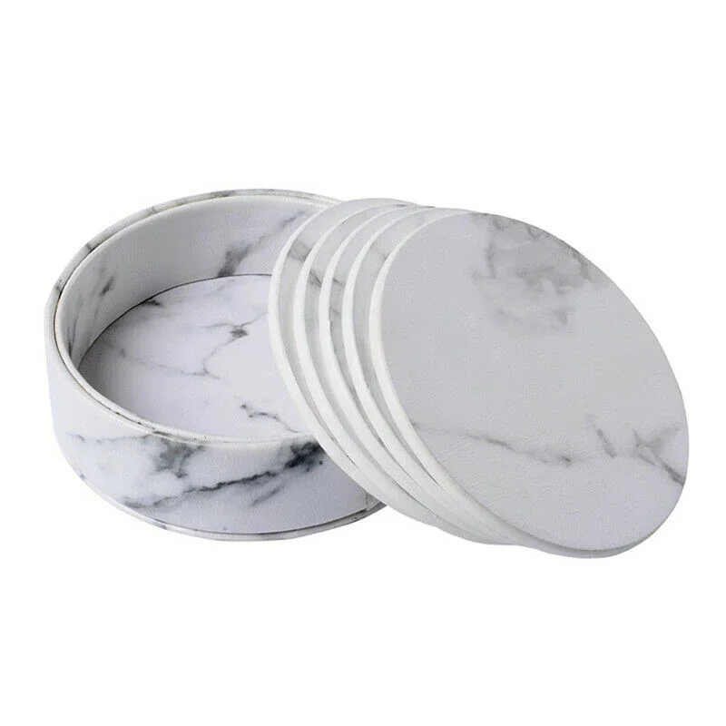 6PCS Hot Sale PU Leather Marble Coaster Drink Coffee Cup Mat Easy To Clean Placemats Round Tea Pad Table Holder Coasters