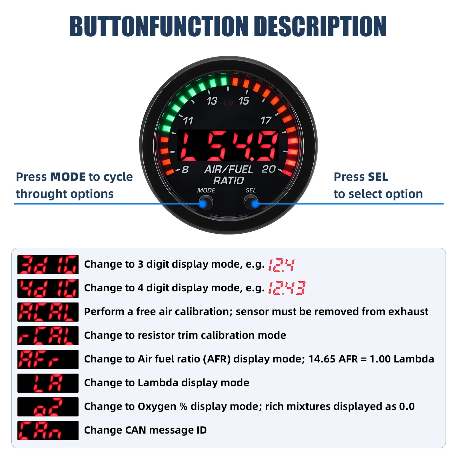 30-0300 X-Series Wideband O2 Meter Air Fuel Ratio Gauge Kit O2 Oxygen Sensor AFR Wideband Display Meter Digital Car Gauge