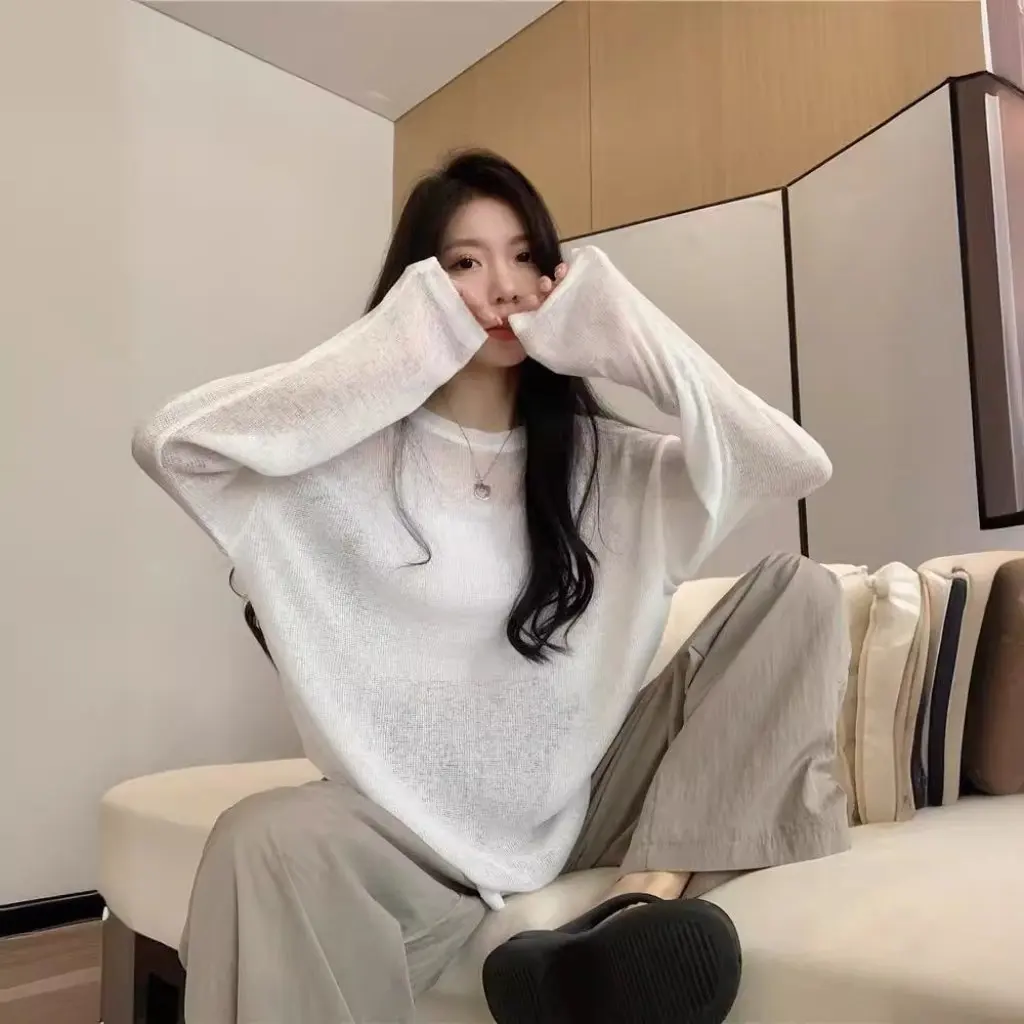 

Women's Lazy Style Long-Sleeved Sunscreen T-shirt High Waist Wide Leg Pants Summer Fashion Casual Suit Thin Texture