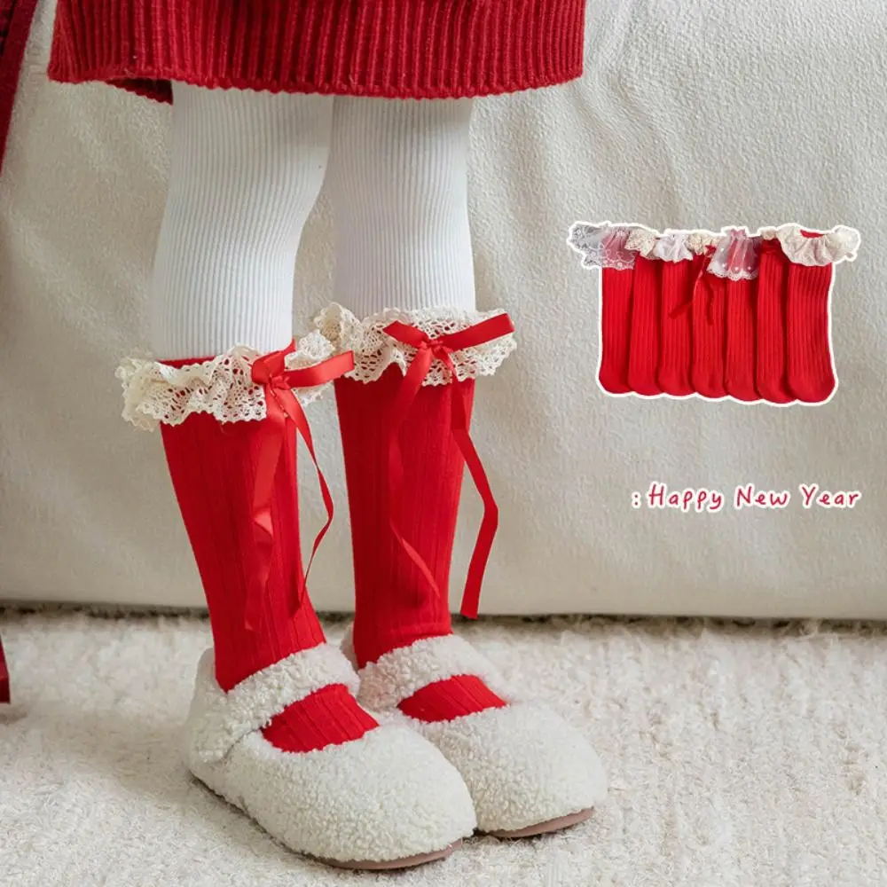 

Kawaii Female Hosiery New Year Red Socks Bow Cotton Children Red Socks Lace Middle Tube Socks Winter