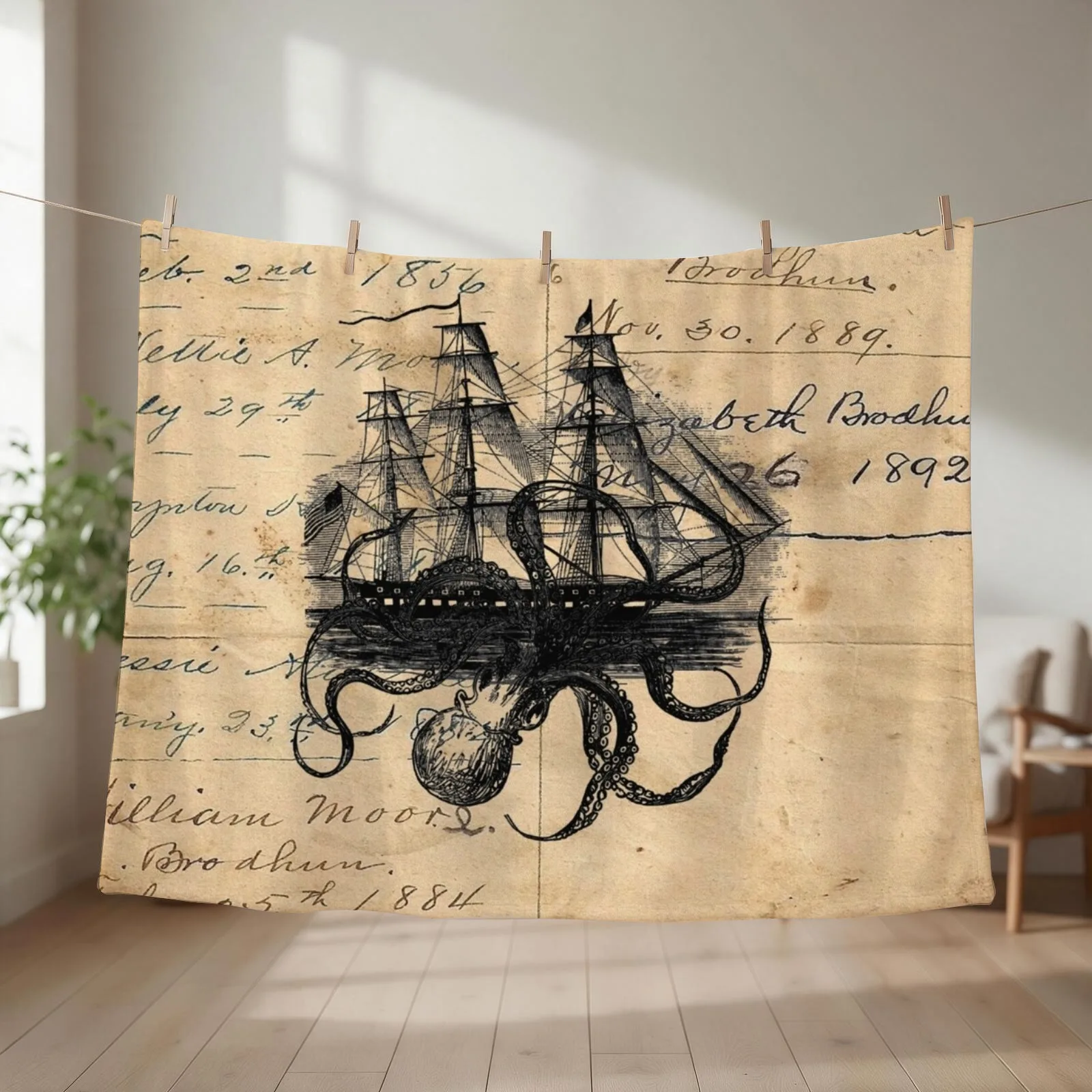 Kraken Attacking Ship on Ledger DesignKAS947 Throw Blanket couch cozy soft plush fuzzy picnic outdoor blanket