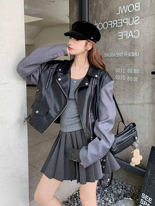 

Куртка женская из искусственной кожи, в стиле байкерской, на молнии, с лоскутным дизайном, весна-осень, новая модная, маленький размер, трендовая