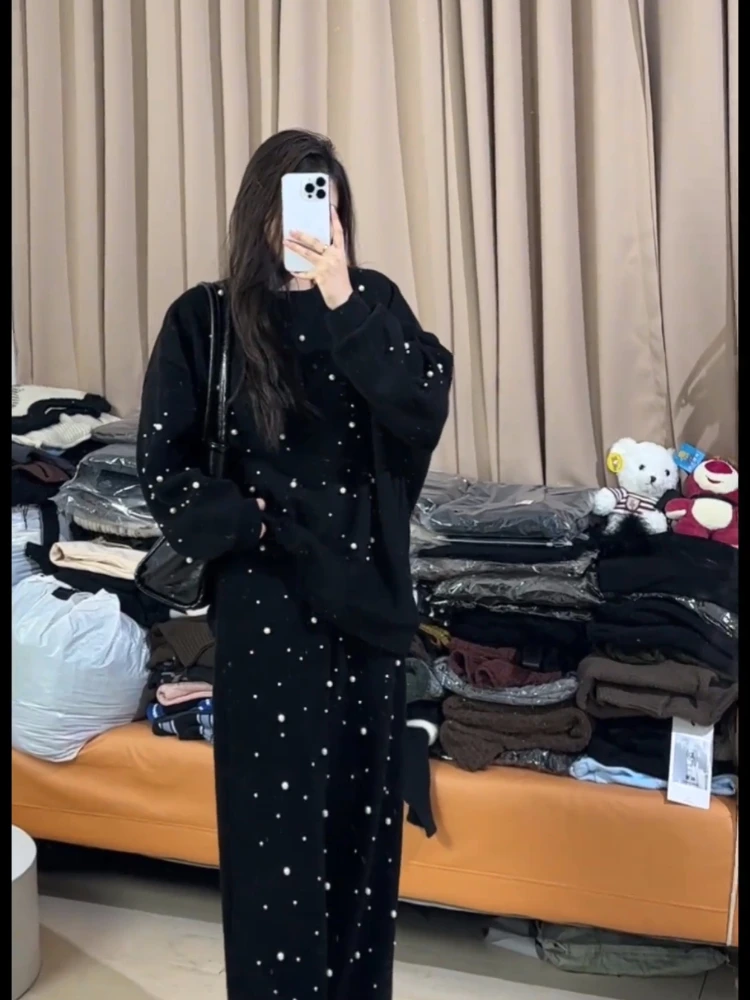 Fashion Bead Leisure Sports Suit for Women Spring Autumn Loose Crew Neck Pullover Sweatshirt and Wide Leg Pants Two-Piece Set